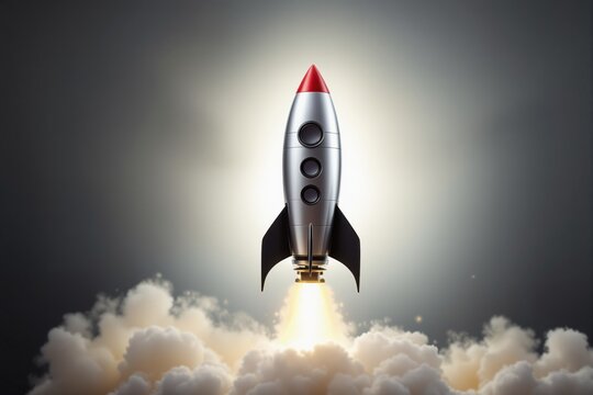 Metallic rocket launching with smoke and fire trail, cartoon-style illustration, cloudy background. Concept of space exploration and innovation. Ai generative