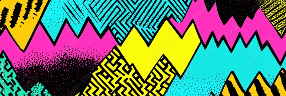 Poster Bold geometric shapes and neon colors create retro-inspired Memphis-style background full of energy and dynamic patterns