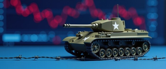 Tank and barbed wire with falling graph, Trade War