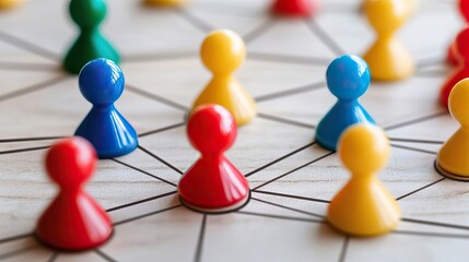 Colorful figures connected by lines on a wooden board, showing network