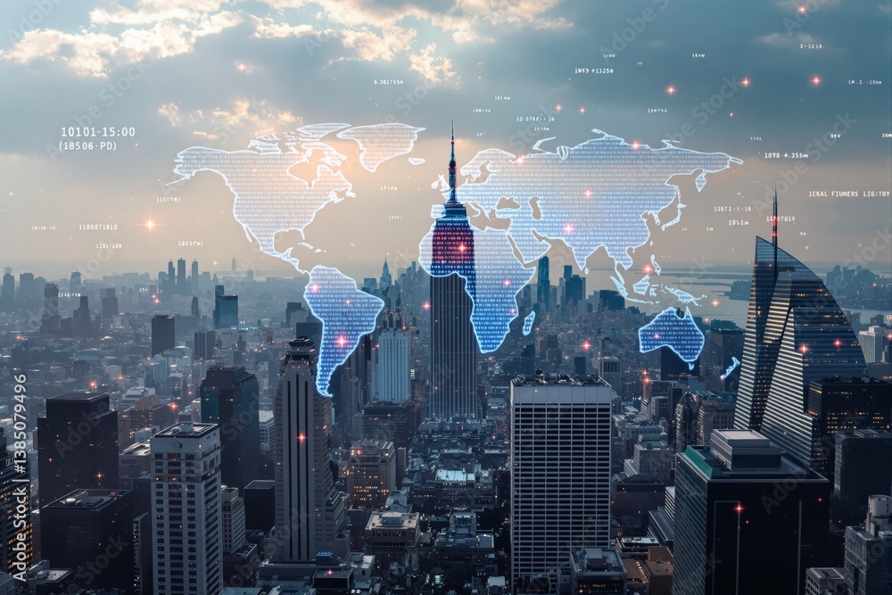 Poster digital world map overlay with data graphics above city skyline, futuristic style, urban background,