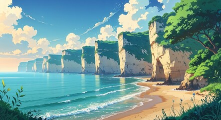 Seaside cliffs overlooking a calm ocean with vibrant greenery along the shore anime cartoon style illustration artwork design background