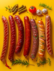 Assorted handcrafted sausages, rich in detail, fading into a smooth mustard-yellow gradient