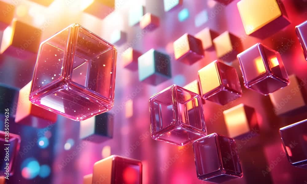 Poster abstract floating clear cubes with vibrant light refraction and depth of field