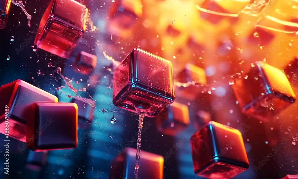 Poster abstract transparent cubes floating in a vibrant liquid environment with water droplets