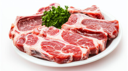 Obraz premium Fresh pork chops arranged on a white plate with parsley 