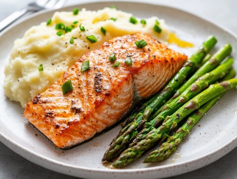 A beautifully plated salmon fillet with asparagus and mashed potatoes. Featuring elegance and gourmet flavors