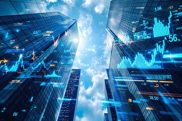 Tall glass skyscrapers with glowing financial data charts and graphs overlayed, digital graphic style, blue sky with clouds background, concept of finance. Ai generative