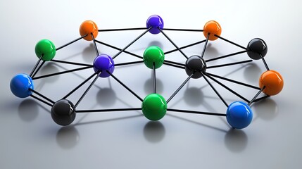 Obraz premium Colorful spheres interconnected by lines on a light surface, network concept