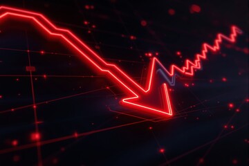 Red glowing arrow trending downward symbolizing stock market crash or financial loss, futuristic digital style on abstract background. Ai generative