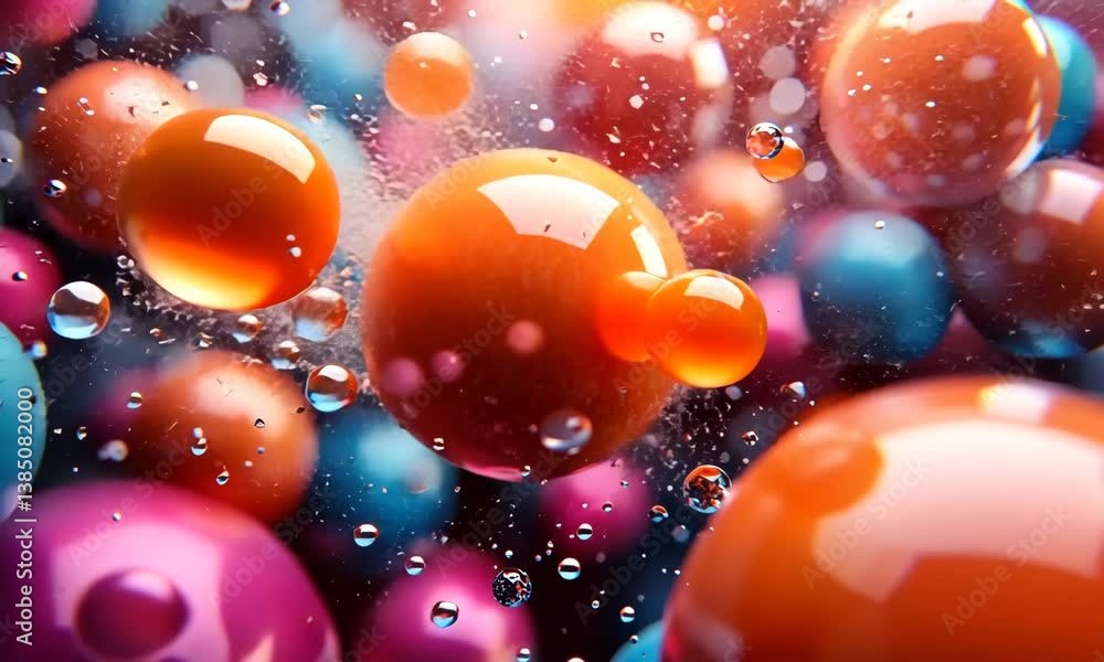 Poster abstract colorful spheres floating with reflective water droplets backdrop animation