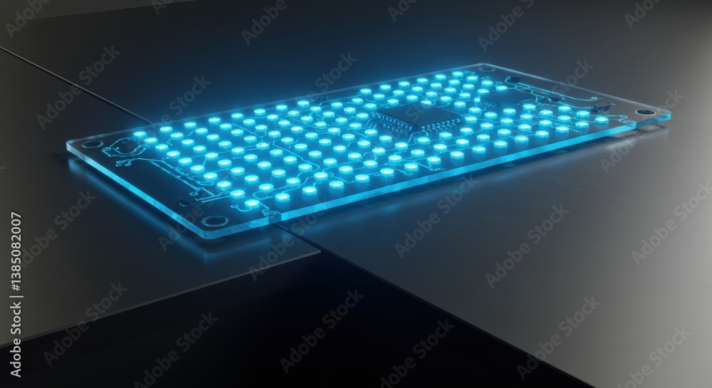 Poster futuristic transparent circuit board with glowing leds: advanced technology and innovation in microe