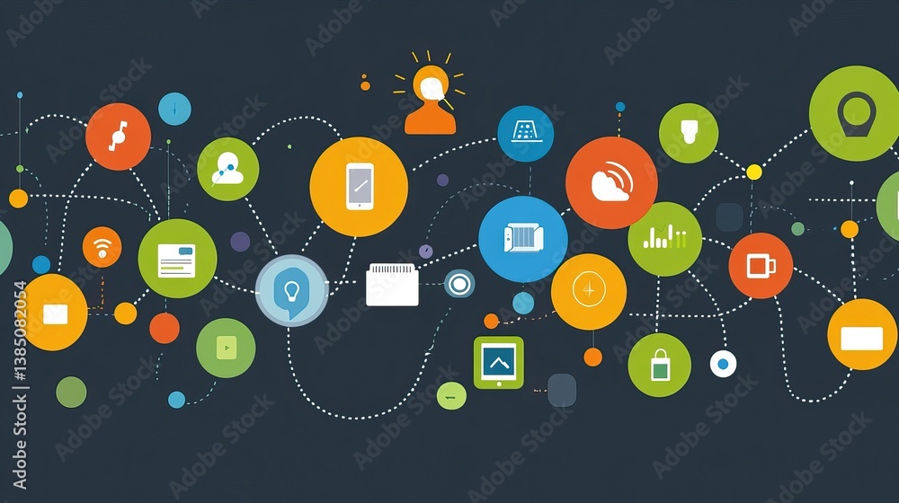 Poster connected digital icons on dark background, showing networking