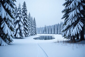 Obraz premium Serene Snowy Forest with a Frozen Pond in Winter Silence