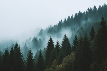 Misty landscape with fir forest, vintage photo