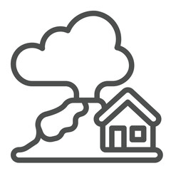 Erupting volcano with cloud and house line icon, climate change concept. Vector graphics. Volcano lava and building sign on white background, outline style icon for mobile or web design.
