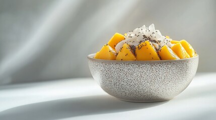 A bowl of chia pudding with mango and coconut flakes. Featuring health and sweetness