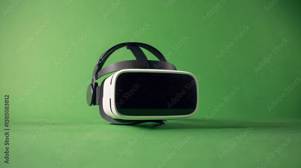 Poster high-tech virtual viewer headset positioned on a bright green background highlighting its sleek and 