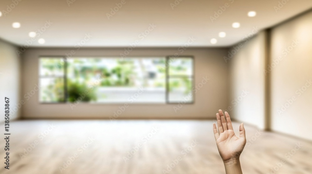 Poster hand gesture interacting with augmented reality interface in a room setting showcasing modern techno