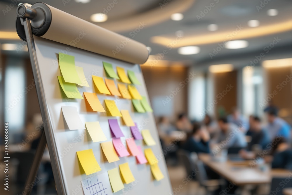 Poster flip chart covered with colorful sticky notes in focus, blurred office background with people collab