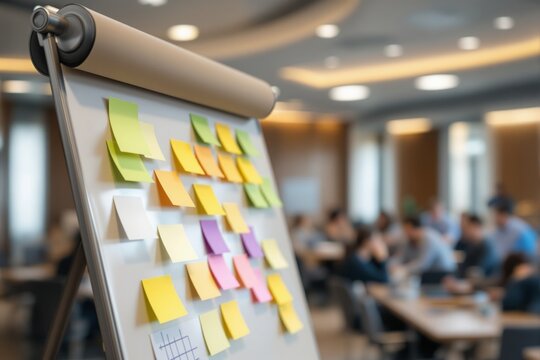 Flip chart covered with colorful sticky notes in focus, blurred office background with people collaborating, concept of teamwork and idea generation, Ai generative