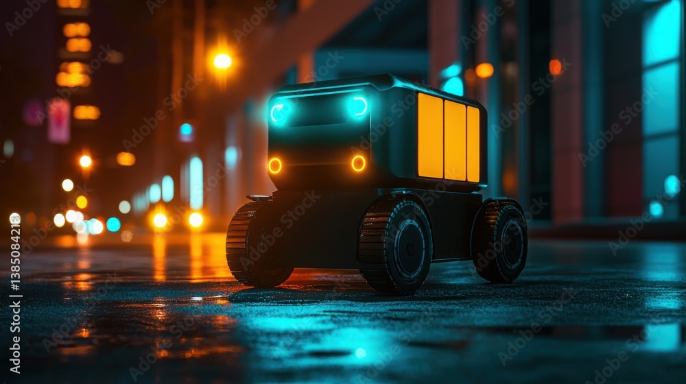 Poster autonomous inventory scanning bot on a city street capturing data efficiently while navigating urban