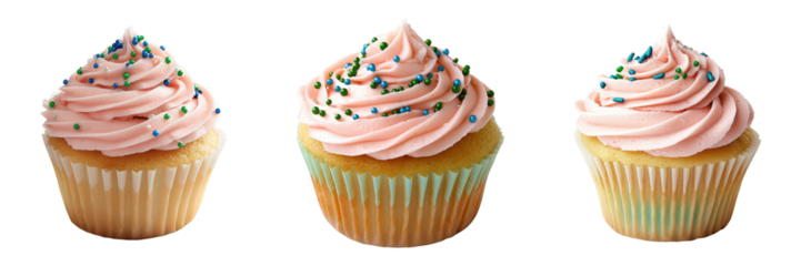 Three cupcakes with swirled pink frosting and colorful sprinkles.