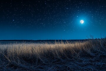 A starlit night in an open meadow, the moon casting light on a cluster of wild grasses.