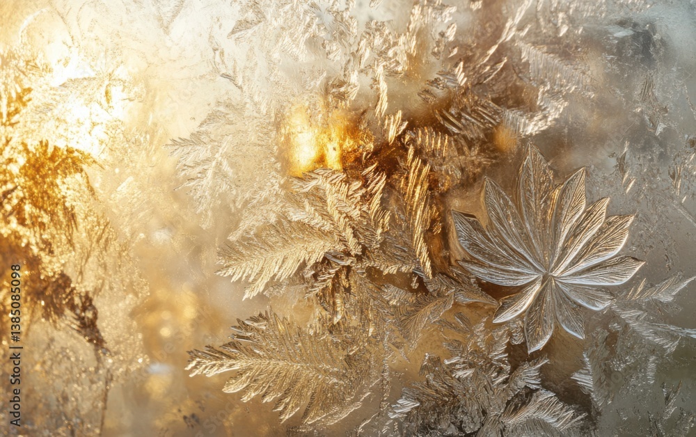 Poster Close-up of intricate frost patterns on window glass, showcasing delicate ice flowers and shimmering golden light filtering through the frosted surface.