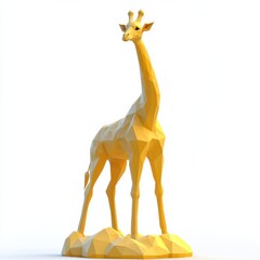 Naklejka premium A striking low poly gold giraffe sculpture stands majestically on a geometric base showcasing its elongated neck and intricate polygonal details against a clean white background.