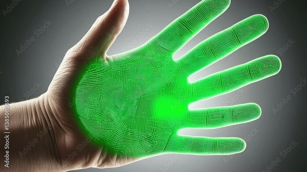 Poster a hand with a biometric green fingerprint glowing brightly in a dark environment representing advanc