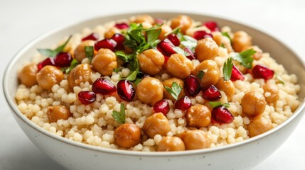 A bowl of couscous with roasted chickpeas and pomegranate seeds. Featuring texture and vibrancy