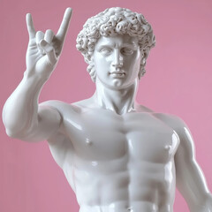 David statue made of white glossy porcelain, with a hand raised in a rock sign gesture, on a pink background. 