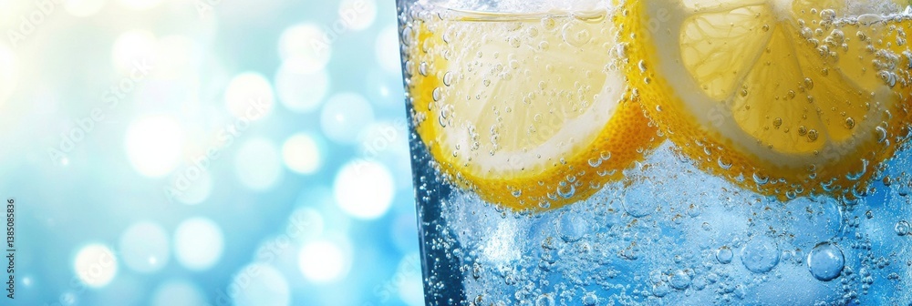 Poster Refreshing ice-cold soda with fizzy bubbles and lemon slices in a bright background for a summer vibe