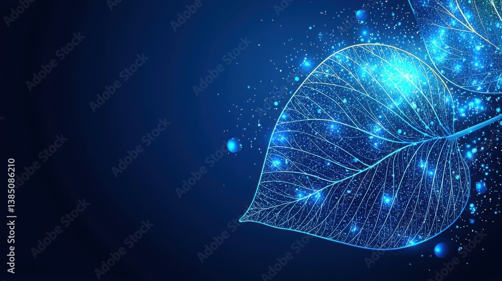 Poster leaf illuminated by glowing lights symbolizing connection and innovation in the blockchain technolog