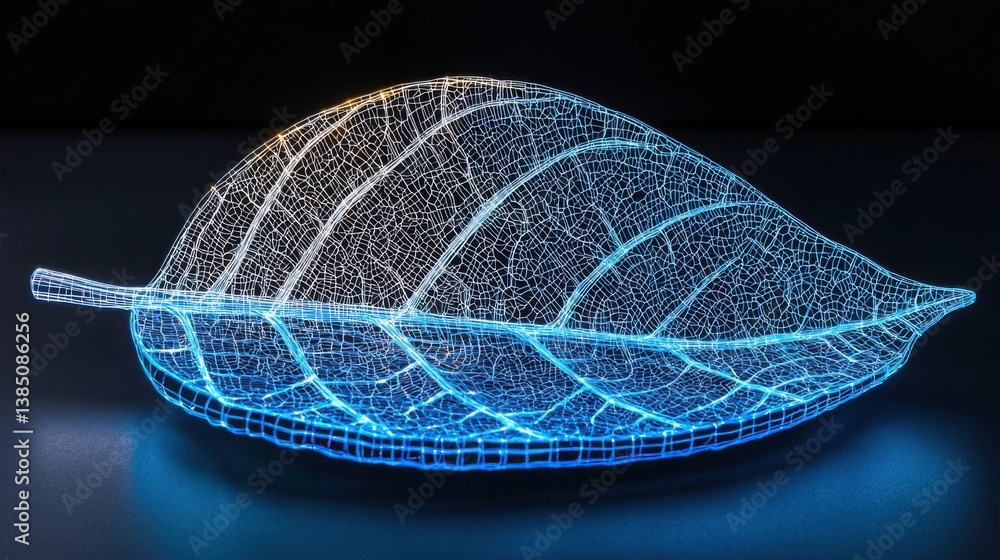 Poster leaf emitting a soft blue light representing harmony between nature and digital blockchain connectiv