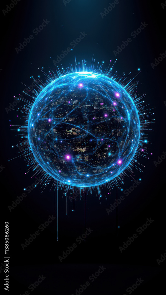 Poster cybersecurity digital concept with futuristic glowing sphere representing data or network protection