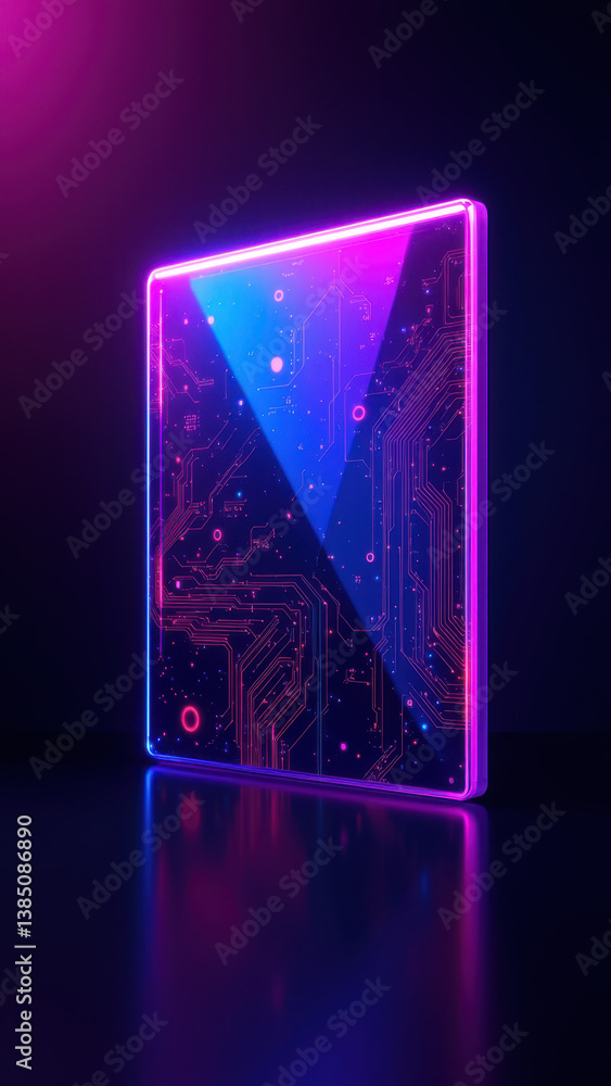 Poster illustration of a glowing cybernetic device with intricate circuitry design against dark background,