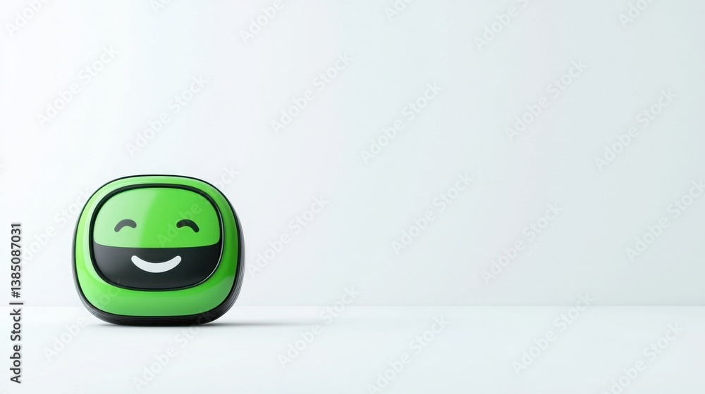 Poster a green smiley face representing a friendly chatbot icon with a playful expression in a bright digit
