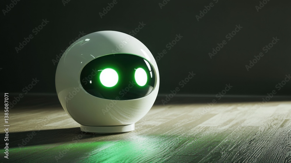 Poster a white robot with distinct green eyes portraying a friendly chatbot icon in a modern and engaging d
