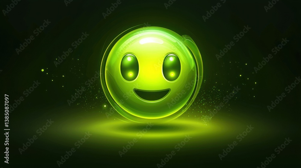 Poster cheerful green smiley face icon representing chatbot technology and digital communication with a fri