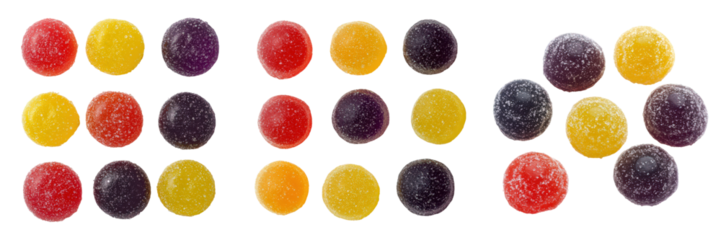 Sugary gumdrops in red, yellow, and purple.