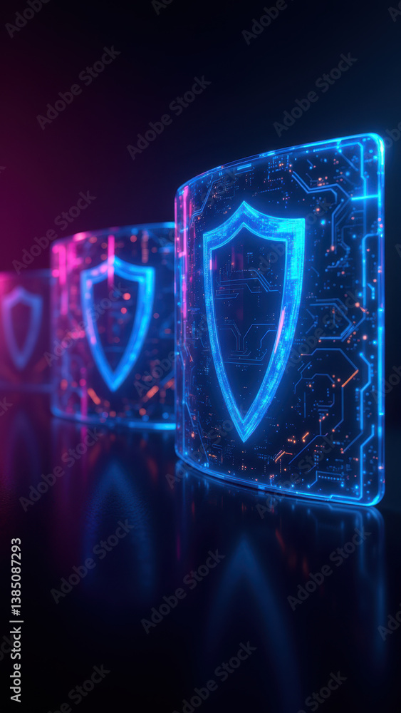 Poster an artistic representation of cyber security with glowing blocks featuring a shield design, symboliz