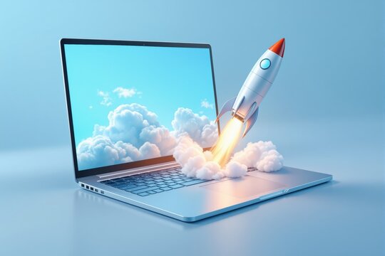 A rocket launching out of a laptop screen with clouds and fire effects, in a cartoon graphic style, on a blue background, symbolizing innovation. Ai generative