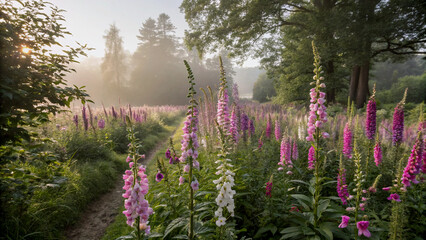Obraz premium Vibrant Pink and White Foxgloves in a Lush Meadow