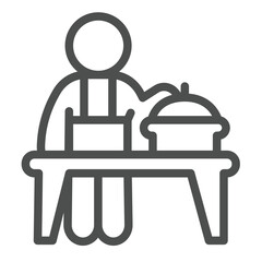 Cook and kitchen table with saucepan line icon, culinary cooking concept. Vector graphics. Kitchen and cooker man sign on white background, outline style icon for mobile or web design.