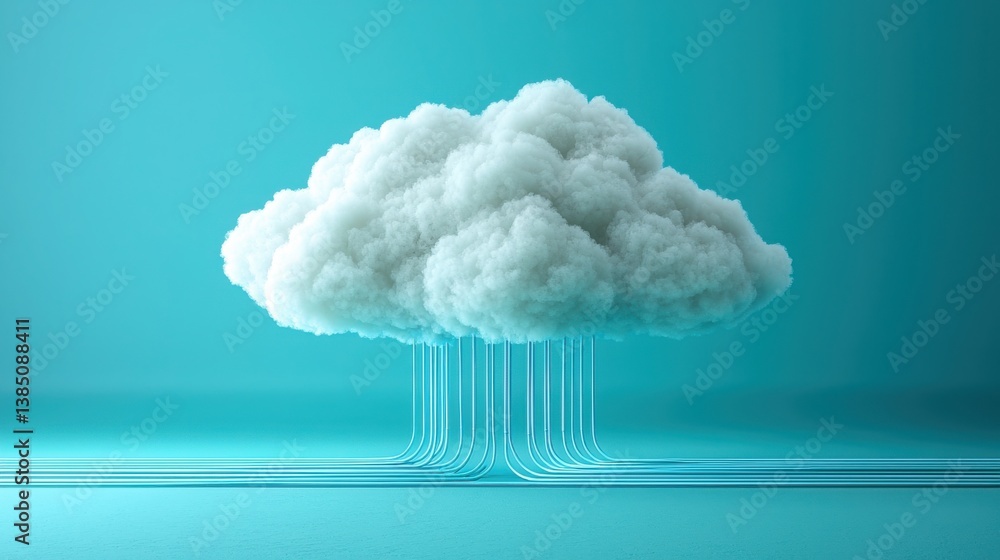 Poster cloud icon integrated with energy lines depicting innovative cloud computing technology and data flo