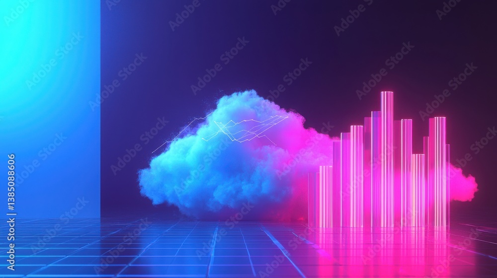 Poster cloud with lightning bolt illustrating the concept of data and energy flow in cloud computing and te