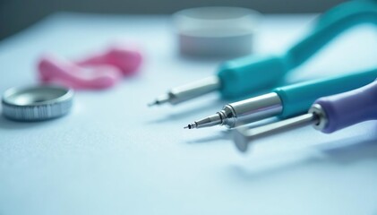 Close-up of veterinary instruments on a white surface, forceps, needle, health