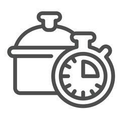 Cooking pan and clock line icon, culinary cooking concept. Vector graphics. Timer with soup pot, food sign on white background, outline style icon for mobile or web design.